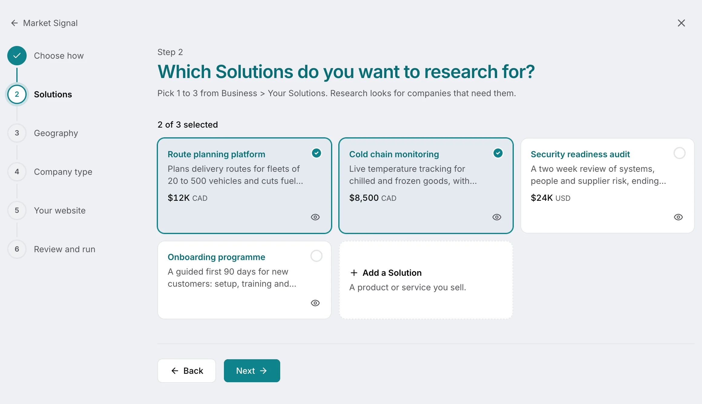 Start research: step two, picking the Solutions to research for, beside the steps Geography, Company type, Your website and Review