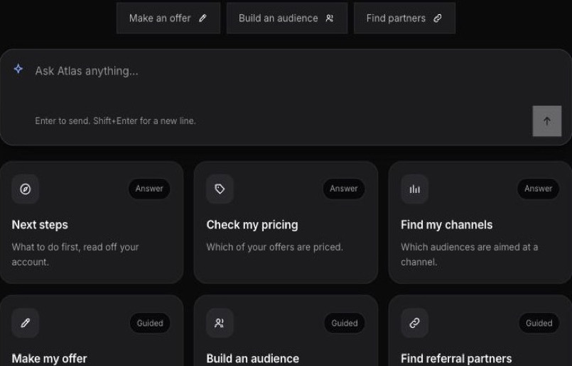Atlas's ask box, with starting points like Make an offer and Build an audience