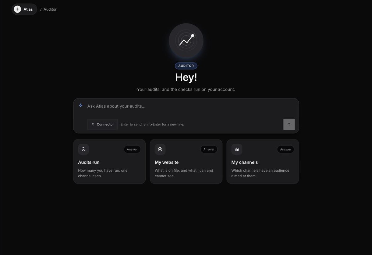 Auditor: Atlas builds your ideal customer profile, finds what's trending, then creates and posts the content.