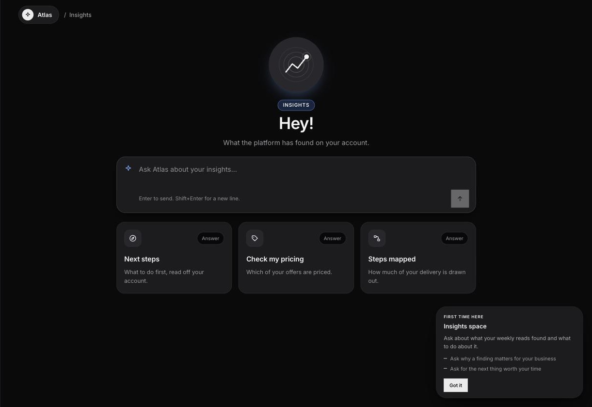 Insights: Atlas sends a weekly rundown of your market — sales, tools, what's moving. No need to check X or LinkedIn.