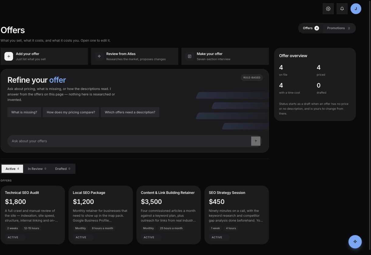 Offers: Atlas researches your market and builds offers that fit it.